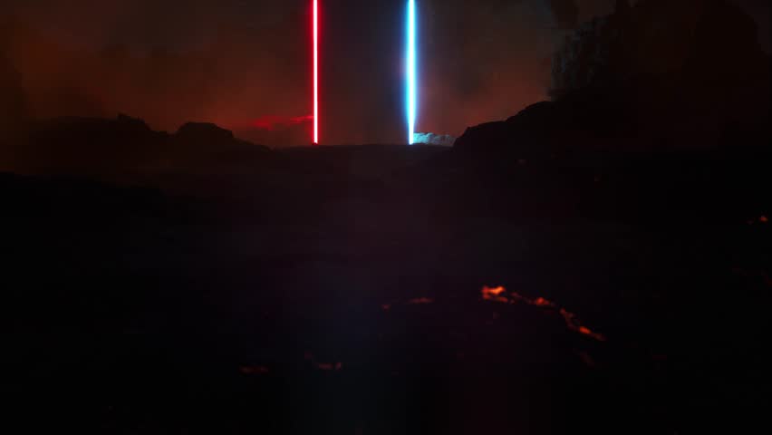 Glowing neon metal monolith on top of a volcano with colorful red and blue LED lights, abstract background for text or logo reveals.