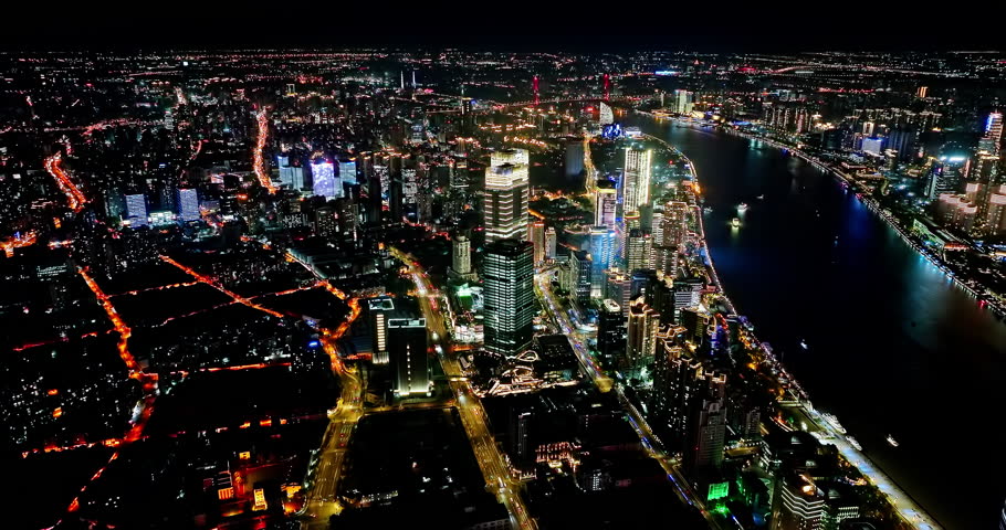 Aerial footage of city skyline and modern building scenery at night in Shanghai, China.  | Shutterstock HD Video #1111856051