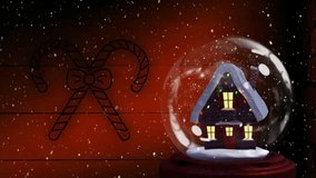 Animation of candy canes neon over christmas snow globe with house on red background. Christmas, tradition, celebration movement and colour concept digitally generated video.