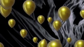 Animation of gold balloons with silver light trails on black background. New year, new year's eve, party, celebration and tradition concept digitally generated video.