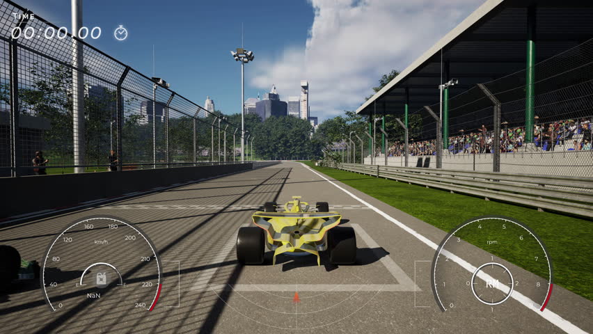 Multiple cars racing on the virtual track in the modern driving computer game. Overtaking the opponents on the racing track in a video game. Crashing fast vehicle into racing track barrier in a game. | Shutterstock HD Video #1111858925