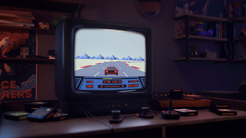 Playing the retro gaming nostalgia driving simulator on the old-school tv set. Having fun with the retro gaming nostalgia in a room. Controlling the fast car in a nostalgia retro gaming challenge. | Shutterstock HD Video #1111858941
