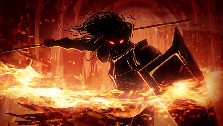 fierce fiery knight with loose hair, large shield and glowing demonic eyes makes a fiery cut with his spear, revealing a fiery trail and sparks behind the burning temple. approaching 2d animated art