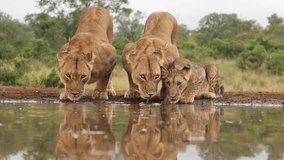 Three lion drinking water, Closeup video