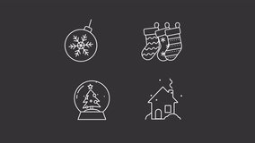 Animated xmas decor white icons. Winter holiday symbols line animation library. Festive decorations. Christmas magic. Isolated illustrations on dark background. Transition alpha. HD video. Icon pack