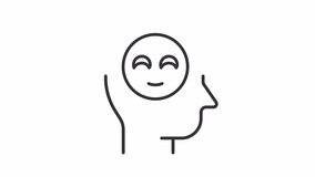 Optimism line animation. Head and smiling emoji animated icon. Positive attitude to life. Happy mindset. Black illustration on white background. HD video with alpha channel. Motion graphic