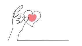 Animated video of a hand giving a heart and receiving a heart as a gift is cute and sweet. video greetings for Valentine's Day, birthday, love wishes for couples. single line walking video style