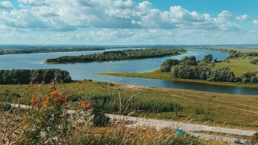 Picturesque view of the Kama River from the observation deck at the Yelabuga settlement. The movement of clouds over the river. Lower Kama National Park. Yelabuga, Republic of Tatarstan, Russia, 4K