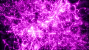 Blurred purple abstract background of bokeh and small round particles and lines of energy magical holiday flying dots on a black background