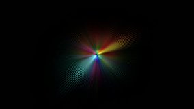 Abstract VJ Loop center colorful star optical flare rays light radial shine on black abstract background.  Lighting lamp rays effect dynamic bright video footage.