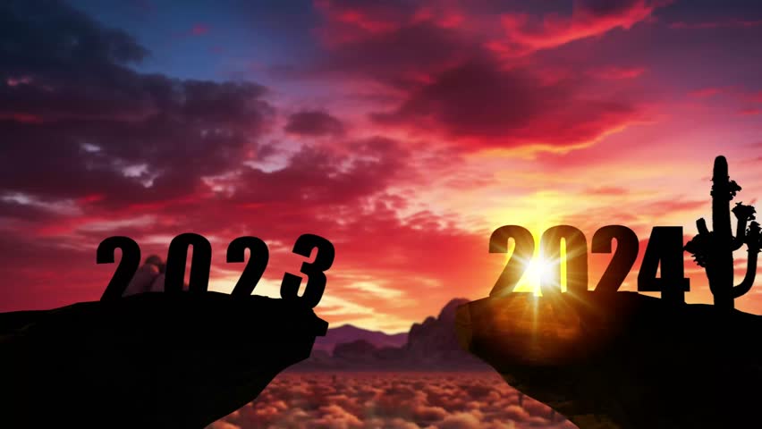 Man jumping on cliff 2024 over the precipice with stones at amazing sunset. New Year's concept. 2023 falls into the abyss. Welcome 2024. People enters the year 2024, creative idea. Royalty-Free Stock Footage #1111864743