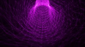 Looped animation of abstract pink purple tunnel made of hi-tech plexus of lines and dots with glow effect on a dark background , looped video, 4k , 60 fps