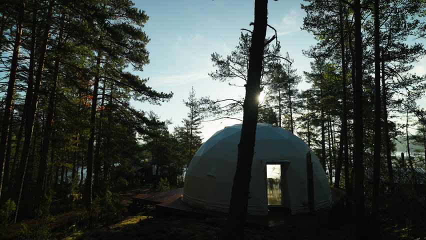 Camping In Pine Forest, Unique White Dome Between Trees, Beautiful Sunrise In Natural Landscape