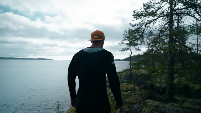 Runner Man Training Alone At Top Of Mount, Rear View Of Running Sportsman In Beautiful Landscape | Shutterstock HD Video #1111868357