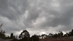 a video showing the sky with very dark cloudy weather and several flocks of birds flying