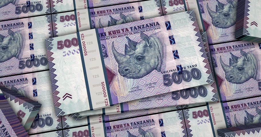 Tanzania money Tanzanian shilling banknotes 3d animation. Camera view from close to long distance. TZS money packs. Concept of inflation, economy, crisis, business, banking, debt and finance.