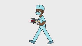 2d animation of walking black male nurse holding tests in his hand. Looped 4K video with alpha-channel.