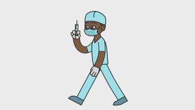 2d animation of walking black male nurse holding a syringe in his hand. Looped 4K video with alpha-channel.