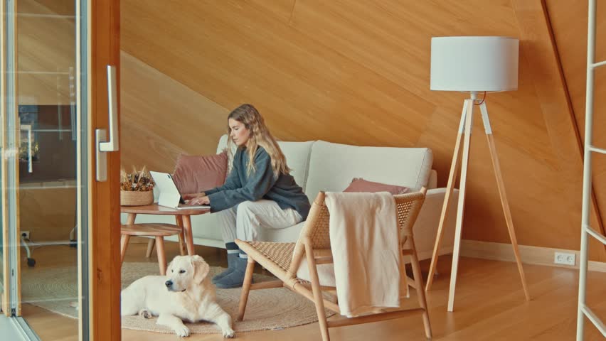 Cheerful woman using a tablet with her dog by her side in a wooden home. | Shutterstock HD Video #1111872405
