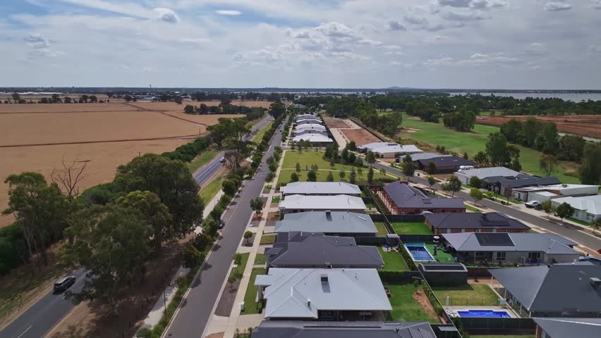 Aerial alongside the Midland Highway near Yarrawonga and showing new estate and golf course
