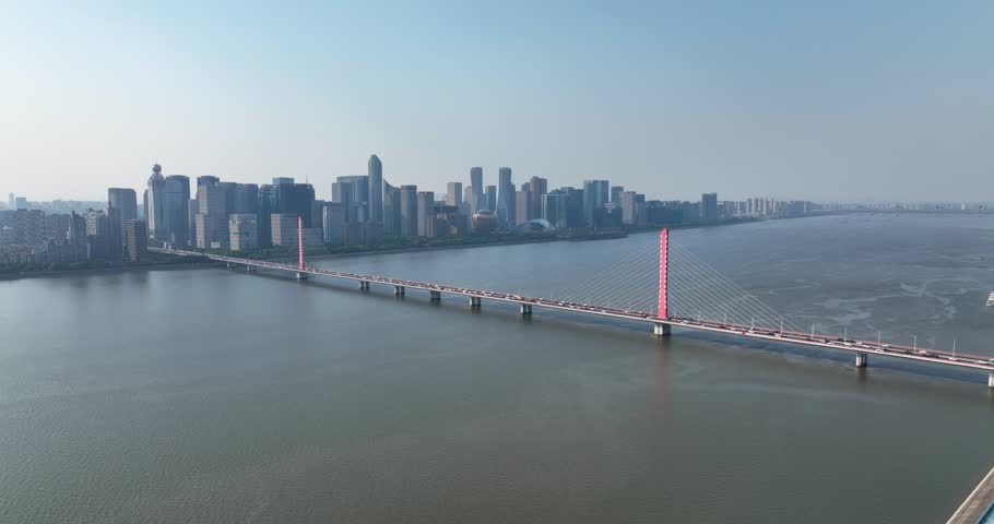 Aerial Video of Hangzhou CBD，Bridge，the Qiantang River，china Royalty-Free Stock Footage #1111878073