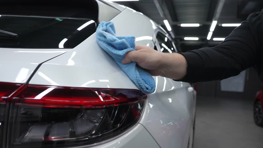 A mechanic wipes the body of a white car with a microfiber cloth.  | Shutterstock HD Video #1111879013