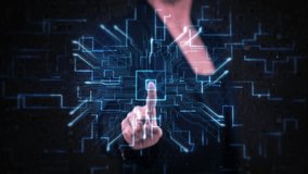 Human Female Finger Turns on Touch Screen Button and Activates Futuristic Artificial Intelligence Display. Visualization of Machine Learning, Circuit Board, Micro Processor, Virtual Augmented Reality, - Powered by Shutterstock - Get 15% off with code: PIKWIZARD15