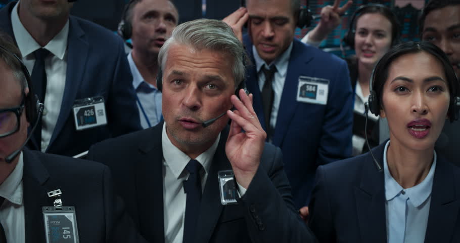 Historical Stock Exchange Depiction of an Open Trading Floor Pit with Diverse Group of Traders Executing Buy and Sell Stock Orders with Hand Signals and Verbal Communication with Their Brokers Royalty-Free Stock Footage #1111884419