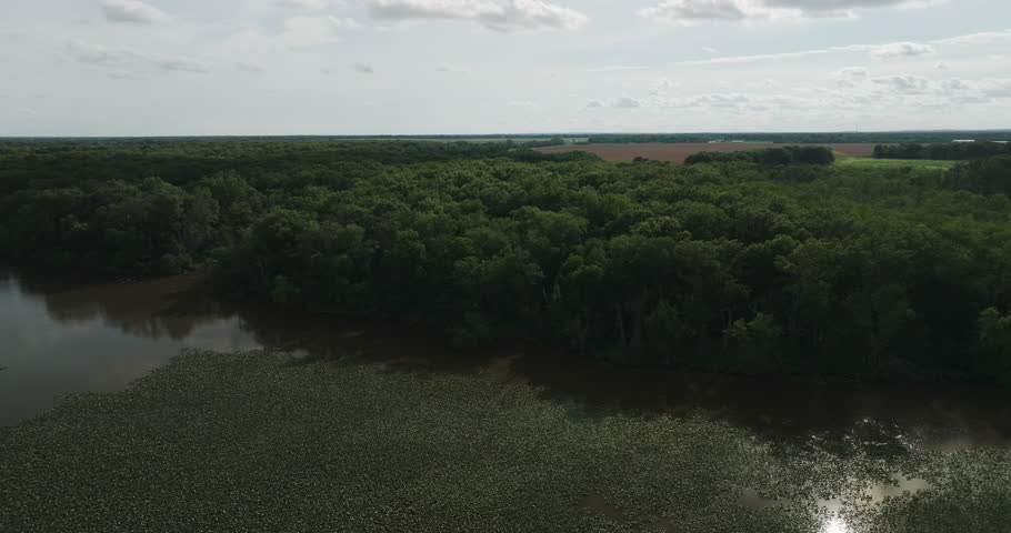 Bushes And Swamps During Sunset Near Lamar, Barton County, Missouri, United States. Aerial Shot