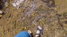 Men's feet in shorts and trekking sandals walk along a clear mountain stream. First person view. POV male feet walking on stones in clear mountain stream - Powered by Shutterstock - Get 15% off with code: PIKWIZARD15