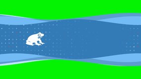 Animation of blue banner waves movement with white funny frog symbol on the left. On the background there are small white shapes. Seamless looped 4k animation on chroma key background