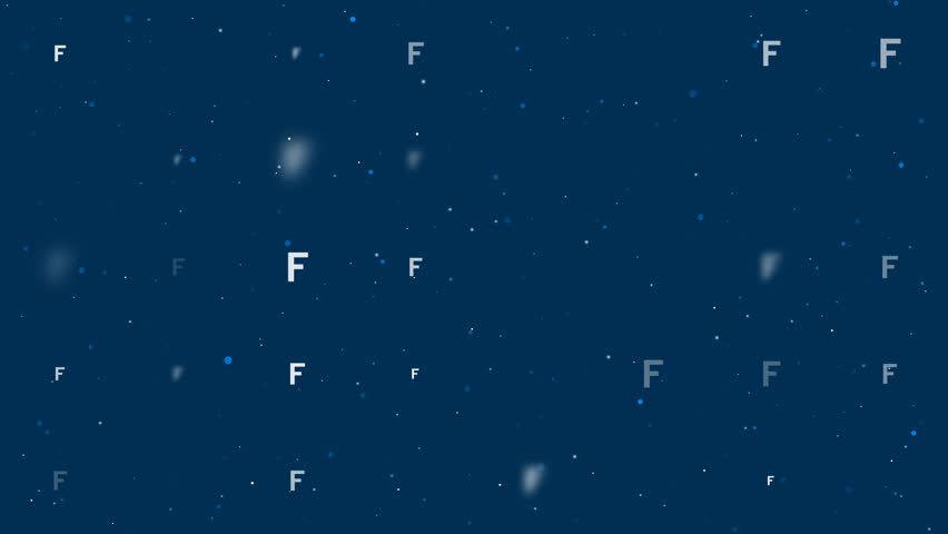 Template animation of evenly spaced capital letter F symbols of different sizes and opacity. Animation of transparency and size. Seamless looped 4k animation on dark blue background with stars | Shutterstock HD Video #1111887589