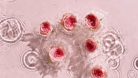Slow motion of falling roses on water surface and diverging circles of water on pink background. Water splash pink colored. Pure water with reflections sunlight and shadows. Valentines day. - Powered by Shutterstock - Get 15% off with code: PIKWIZARD15