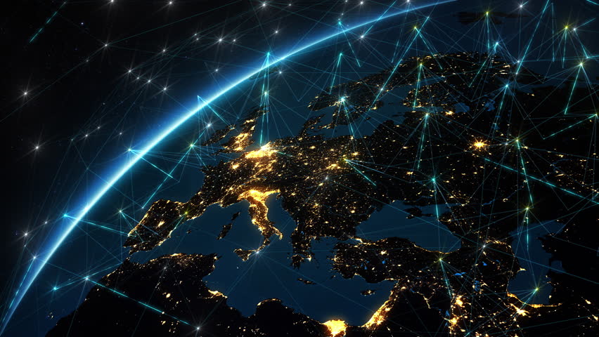 Animation of Europe with Technological Connections forming a Network. View of Futuristic Earth with City Lights. | Shutterstock HD Video #1111892391