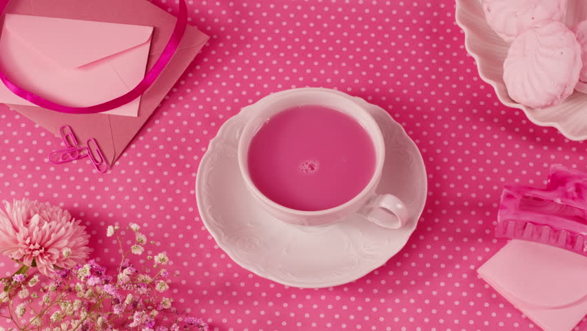 Pink background with cup of milk or tea, birthday barbie style table for tea ceremony with cakes and desserts, girl fashion food background, top view. | Shutterstock HD Video #1111894819