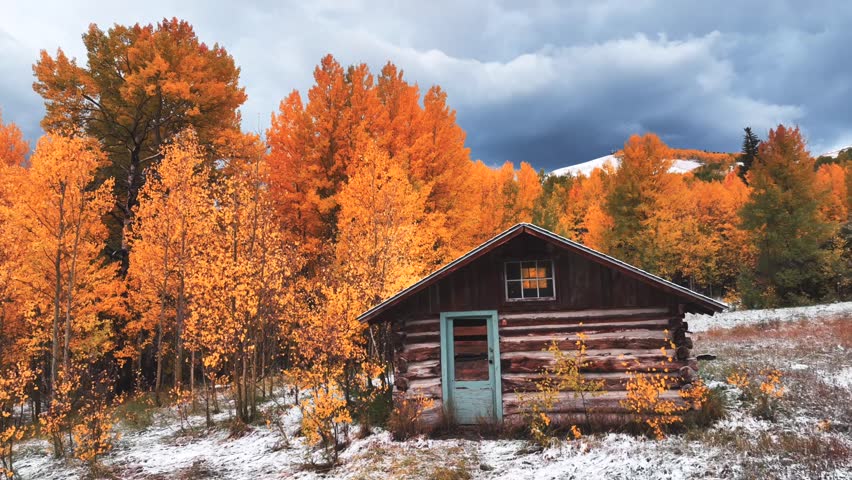 A remote cabin with a dusting of snow surrounded by peaking fall colors in Colorado.
