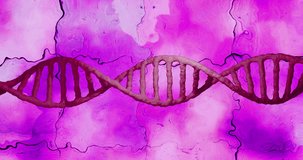 Rotating red dna strand over distorting liquid purple background. Science, technology, genetics, biology, medical research and healthcare, digitally generated video.