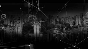 Animation of network of connections with envelope icons over cityscape. Social media, connections, communication and digital interface concept digitally generated video.