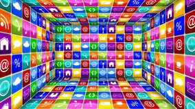 Animation of social media text with emoji icons over colourful squares with social media icons. Social media, communication and digital interface concept digitally generated video.