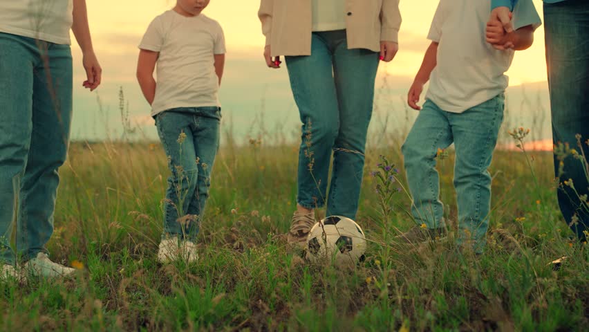 Family have fun playing soccer ball on lawn in park. Young family sport soccer team playing outdoors. Happy family playing football. Child kicks ball. Mom dad child play together, teamwork. Weekend | Shutterstock HD Video #1111902131