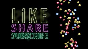 Animation of neon like share subscribe texts with emoji icons on black background. Social media, communication and digital interface concept digitally generated video. - Powered by Shutterstock - Get 15% off with code: PIKWIZARD15