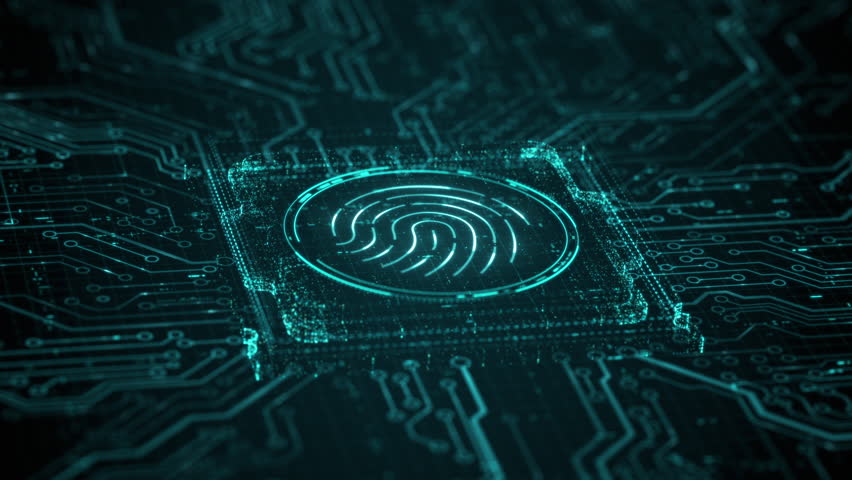Digital biometric. Security and identify by fingerprint concept. Scanning system of the finger print. 3d rendering of abstract technology circuit board background. Cybersecurity innovation concept | Shutterstock HD Video #1111902579