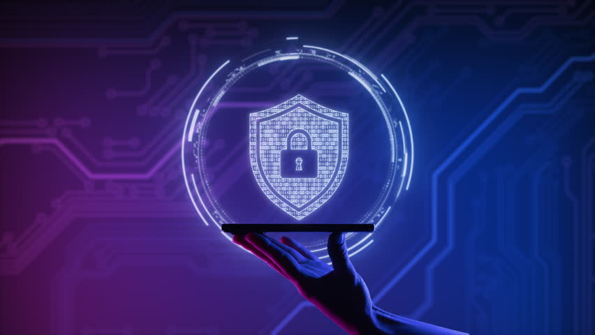 Security hologram virtual hud pin with shield and lock. Concept of finance data privacy and smartphone VPN service protection. Blockchain and secure crypto wallet background | Shutterstock HD Video #1111902593