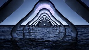 Movement on aluminum metal structure in the blue sea with clear sky, unreal seascape and horizon over water in futurological animated video clip