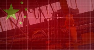 Animation of financial data processing, flag of china over factory. Global business, finance, data processing and global economy concept digitally generated video.