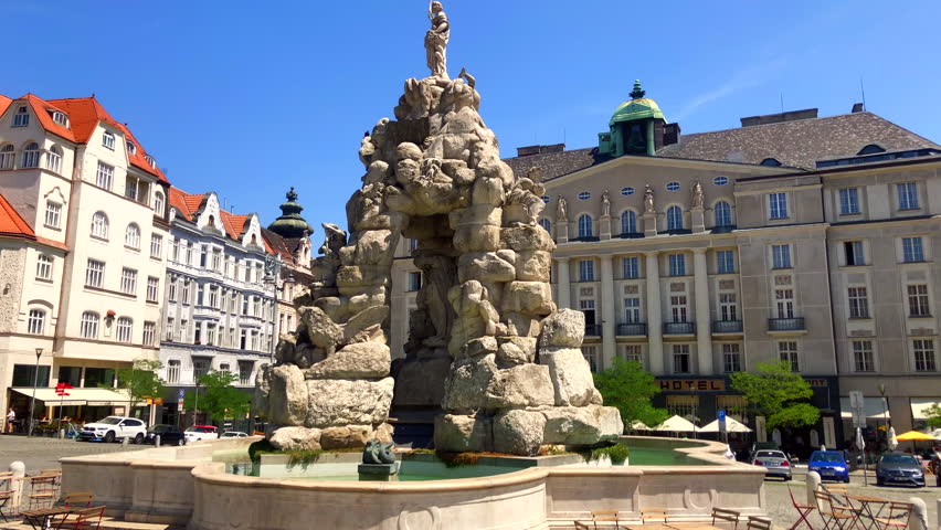 Baroque fountain. Parnas fountain. Cabbage market fountain. Brno, Czech Republic.