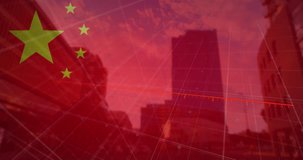 Animation of financial data processing, flag of china over cityscape. Global business, finance, data processing and global economy concept digitally generated video.