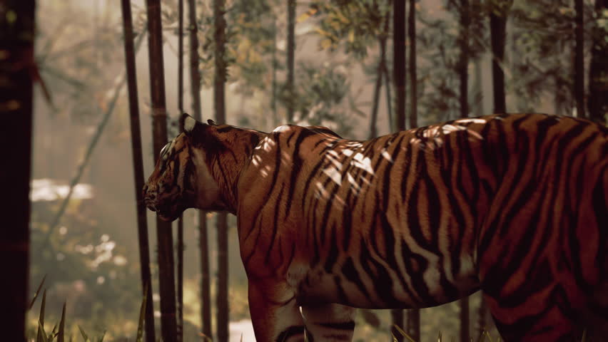 Tiger frozen in a bamboo forest, sniffing and listening for its prey | Shutterstock HD Video #1111910809
