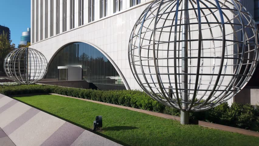 Modern steel and glass buildings housing large companies in the centre of Madrid.