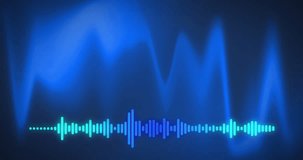 Animation of music text and frequency meter over blue soundwaves on black background. Social media, music, entertainment, sound, digital interface and communication digitally generated video.